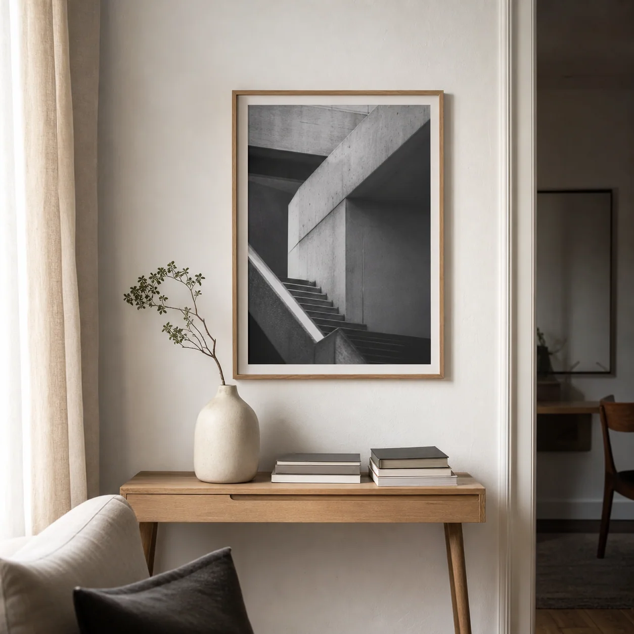 Framed architectural photograph in a collector's home